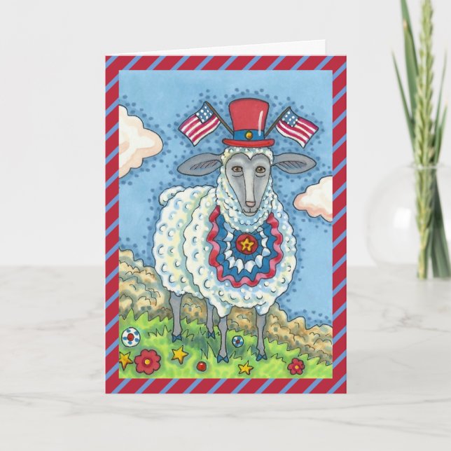 PATRIOTISK FJÄRDE AV JULI SHEEP, ROLIGT FOLK ART B HELGKORT (Framsida)