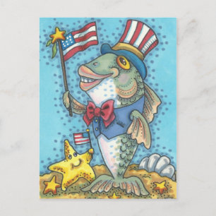 PATRIOTISK FJÄRDE JULI, OKLE SAM FISH POSTCARD VYKORT