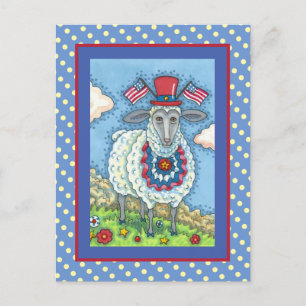 PATRIOTISK FJÄRDE JULY SHEEP, FUNNY FOLK ART HELG VYKORT