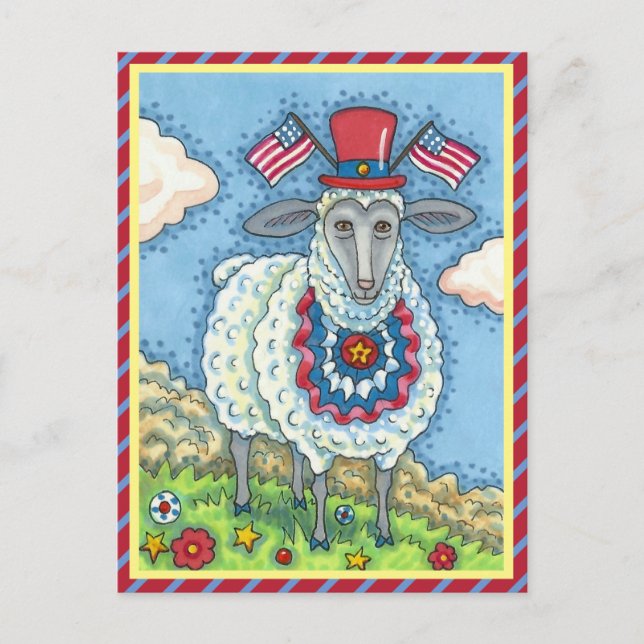 PATRIOTISK FJÄRDE JULY SHEEP, FUNNY FOLK ART HELG VYKORT (Framsida)