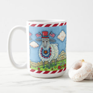 PATRIOTISK FJÄRDE JULY SHEEP, FUNNY FOLK ART KAFFEMUGG