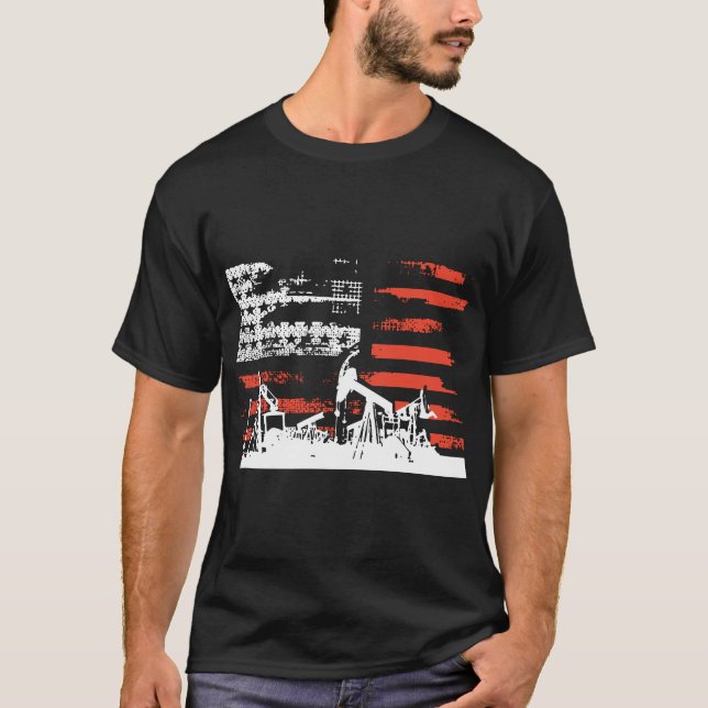 Patriotisk flagga för Oilfield med olje- pumpa T Shirt (Framsida)