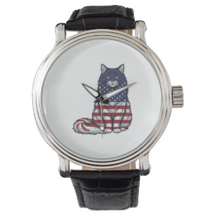 Patriotisk Flaggkatt Vintage Gravyr Tröja Design_ Armbandsur