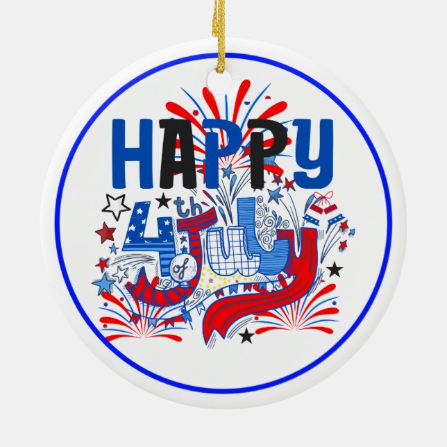 Patriotisk Glad 4:e Juli Firande Design Julgransprydnad Keramik (Baksidan)