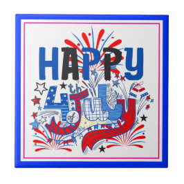 Patriotisk Glad 4:e Juli Firande Design Kakelplatta