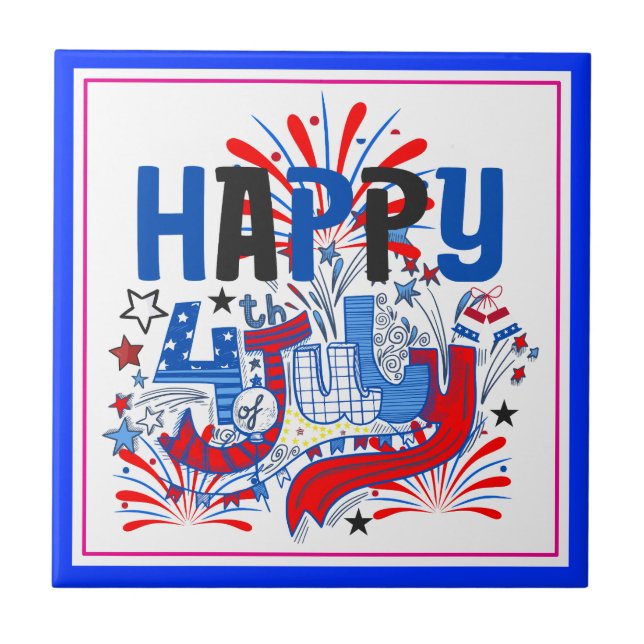 Patriotisk Glad 4:e Juli Firande Design Kakelplatta (Framsidan)
