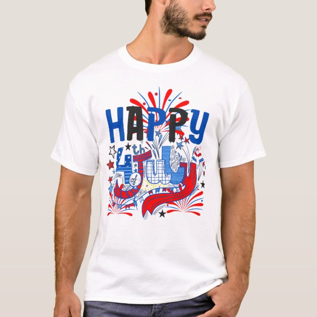 Patriotisk Glad 4:e Juli Firande Design T Shirt (Framsida)