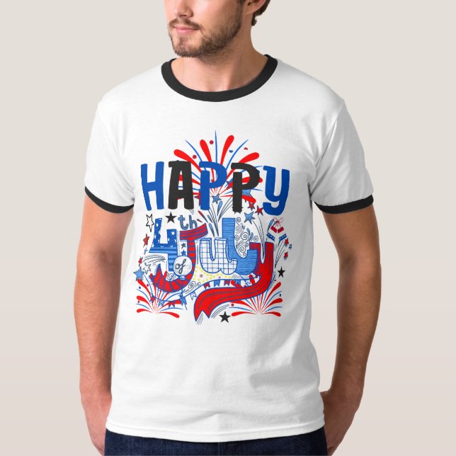 Patriotisk Glad 4:e Juli Firande Design T Shirt (Framsida)