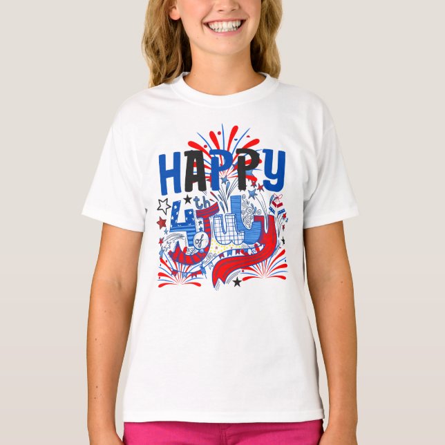 Patriotisk Glad 4:e Juli Firande Design T Shirt (Framsida)