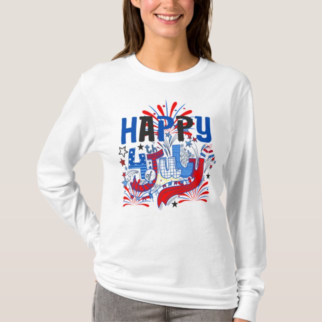 Patriotisk Glad 4:e Juli Firande Design T Shirt (Framsida)