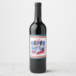 Patriotisk Glad 4:e Juli Firande Design Vinflaska Etikett