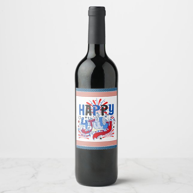 Patriotisk Glad 4:e Juli Firande Design Vinflaska Etikett (Framsida)