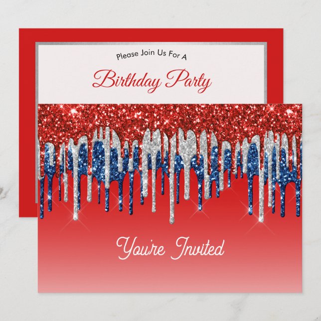 Patriotisk Glitterdropp Amerikansk Födelsedag Inbjudningar (Fram/baksida)