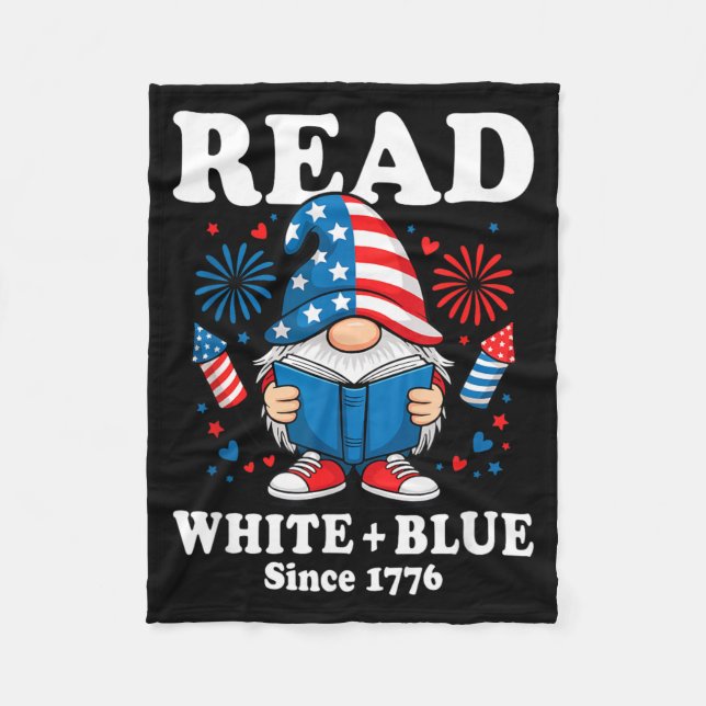Patriotisk Gnome Läs Eldsprutande Läser Vit Blå Fleecefilt (Framsidan)