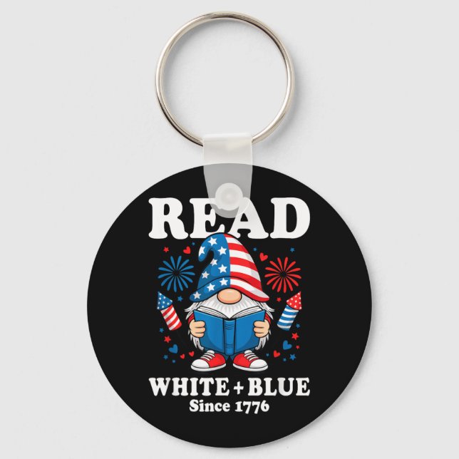 Patriotisk Gnome Läs Eldsprutande Läser Vit Blå Nyckelring (Framsida)