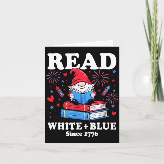 Patriotisk Gnome Läs Vit Blå 4:e Juli Bok Kort (Framsida)