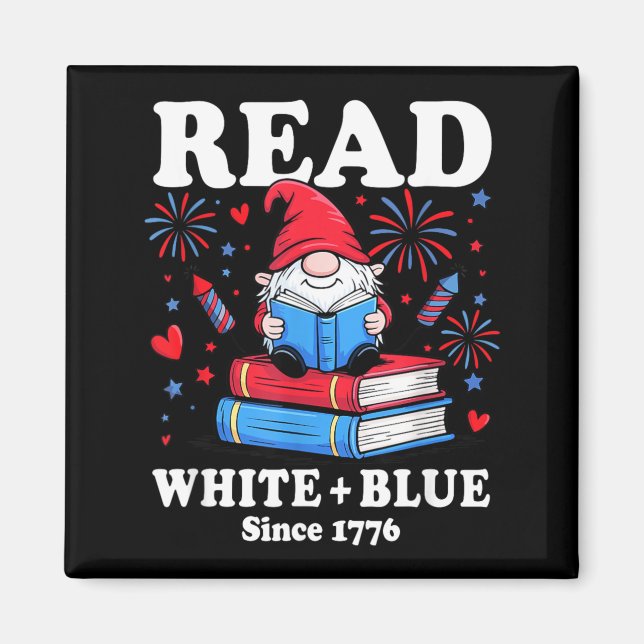 Patriotisk Gnome Läs Vit Blå 4:e Juli Bok Magnet (Framsidan)