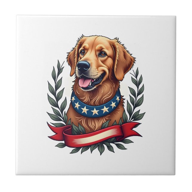 Patriotisk Golden Retriever Americana Konst T-shir Kakelplatta (Framsidan)