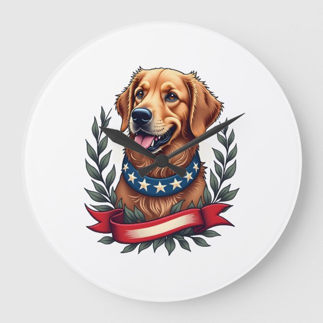 Patriotisk Golden Retriever Americana Konst T-shir Stor Klocka (Framsida)