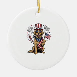 Patriotisk Golden Retriever Fyrverkerier Vintage T Julgransprydnad Keramik
