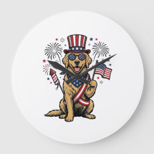 Patriotisk Golden Retriever Fyrverkerier Vintage T Stor Klocka