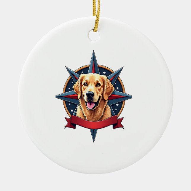 Patriotisk Golden Retriever Kompass Star T-shirt 2 Julgransprydnad Keramik (Framsidan)