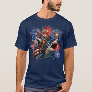 Patriotisk Haj Cowboy Ridande på Vit Haj T Shirt