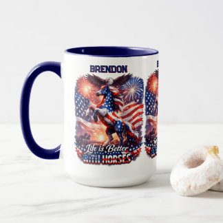 Patriotisk Häst Amerikansk Flagga Solnedgång Rytta Mugg