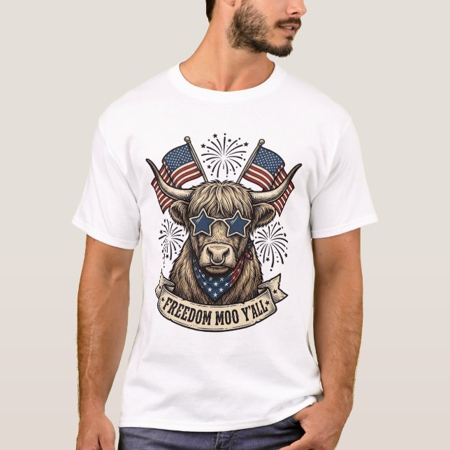 Patriotisk Highland Ko 4:e Juli Y'all T-shirt (Framsida)