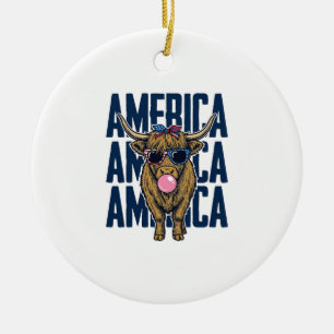 Patriotisk Highland Ko Amerika Vintage T-Shirt Bes Julgransprydnad Keramik