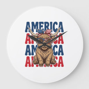 Patriotisk Highland Ko Amerika Vintage T-Shirt Des Stor Klocka