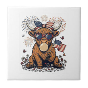 Patriotisk Highland Ko Bubblegum Vintage Gravyr Kakelplatta