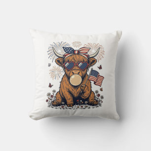 Patriotisk Highland Ko Bubblegum Vintage Gravyr Kudde