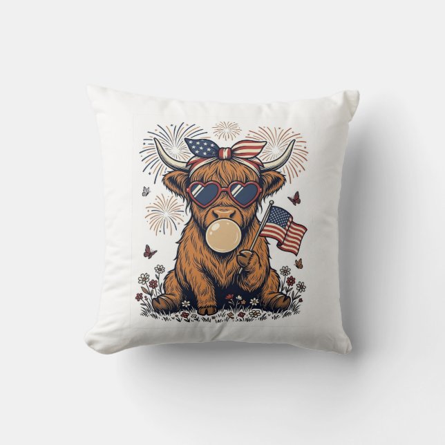 Patriotisk Highland Ko Bubblegum Vintage Gravyr Kudde (Framsida)
