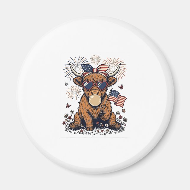 Patriotisk Highland Ko Bubblegum Vintage Gravyr Magnet (Framsidan)
