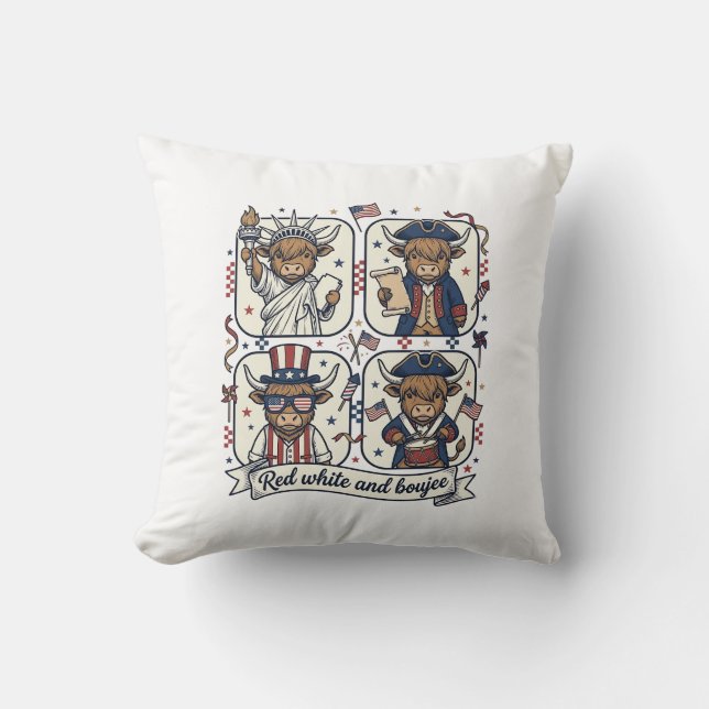 Patriotisk Highland Ko Röd Vit och Lyxig Kudde (Framsida)