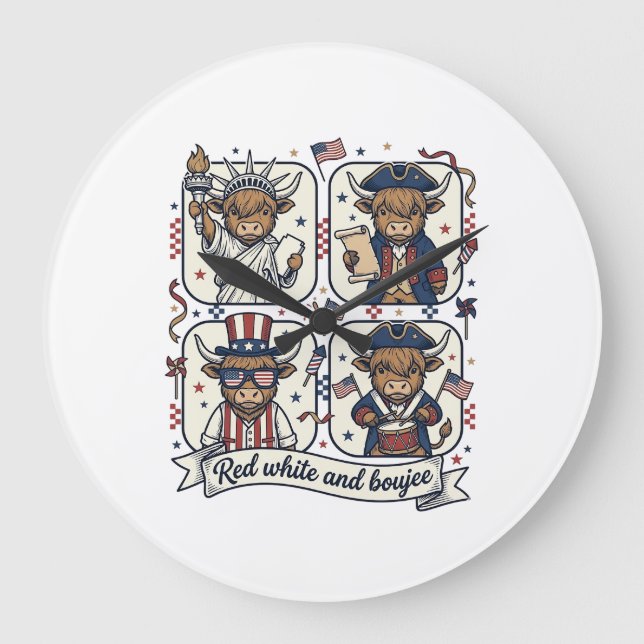 Patriotisk Highland Ko Röd Vit och Lyxig Stor Klocka (Framsida)
