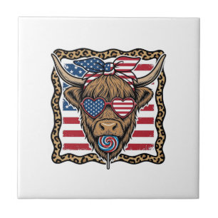 Patriotisk Highland Ko Vintage Flagga Grafik_1 Kakelplatta
