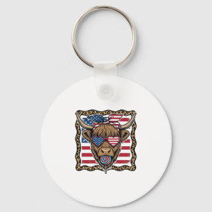 Patriotisk Highland Ko Vintage Flagga Grafik_1 Nyckelring