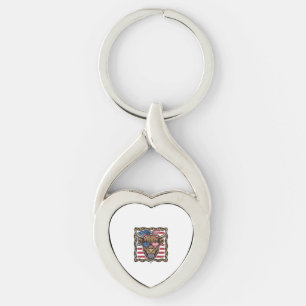 Patriotisk Highland Ko Vintage Flagga Grafik_1 Twisted Heart Silverfärgad Nyckelring