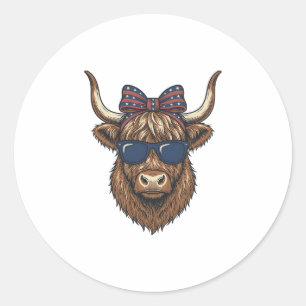 Patriotisk Highland Ko Vintage Gravyr Design_1 Runt Klistermärke