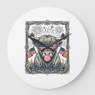 Patriotisk Highland Ko Vintage Gravyr Design_1 Stor Klocka