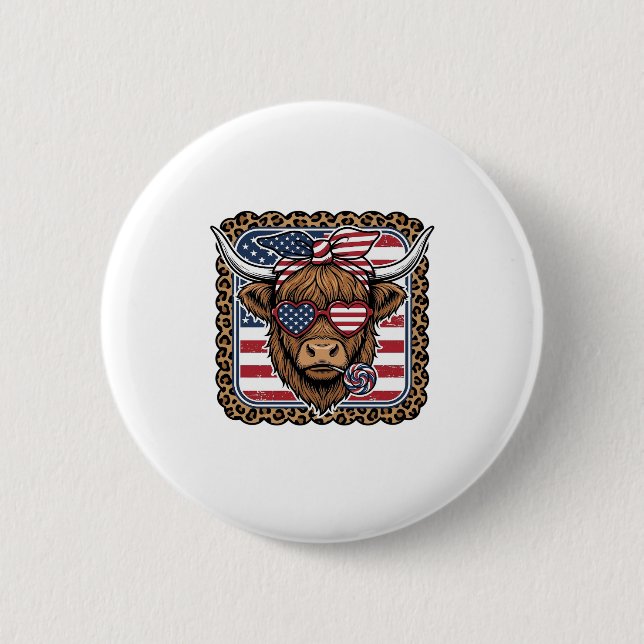 Patriotisk Highland Ko Vintage Gravyr Design (2 Knapp (Framsida)