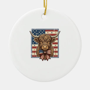 Patriotisk Highland Ko Vintage Gravyr T-Shirt Des Julgransprydnad Keramik
