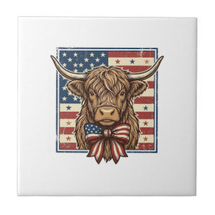 Patriotisk Highland Ko Vintage Gravyr T-Shirt Des Kakelplatta