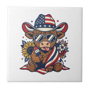 Patriotisk Highland Ko Vintage Gravyr T-Shirt Des Kakelplatta