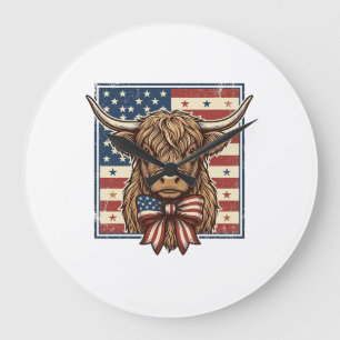 Patriotisk Highland Ko Vintage Gravyr T-Shirt Des Stor Klocka