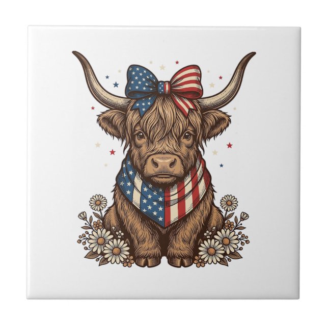 Patriotisk Highland Ko Vintage Kakelplatta (Framsidan)