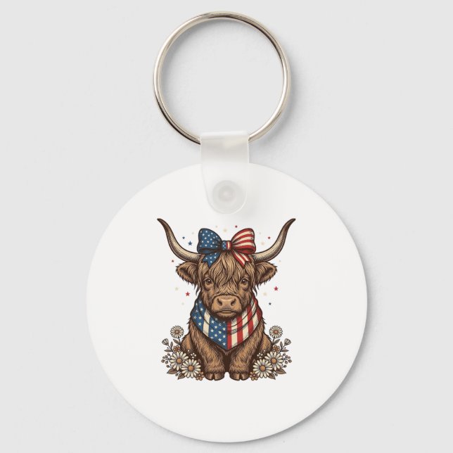 Patriotisk Highland Ko Vintage Nyckelring (Framsida)