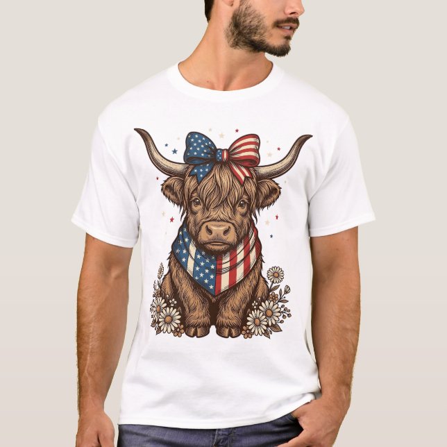 Patriotisk Highland Ko Vintage T Shirt (Framsida)